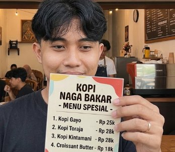 Pelanggan memegang kartu menu spesial berisi daftar harga kopi