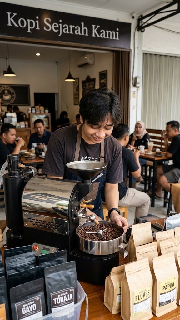 Barista menyangrai biji kopi di dalam kedai