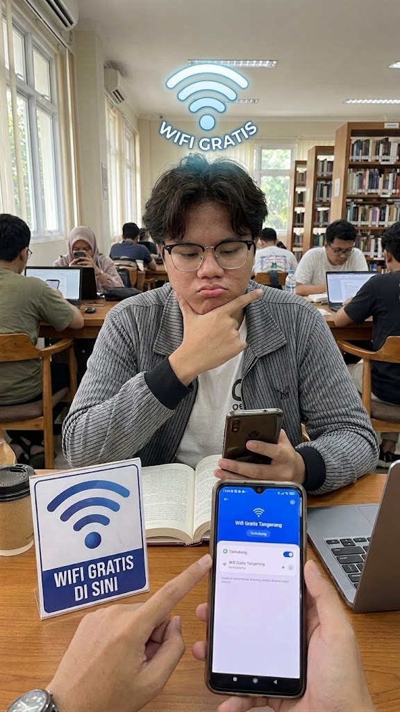 Pelanggan terhubung ke wifi gratis sambil belajar di kedai
